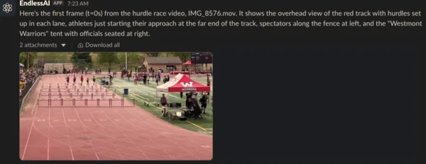 The EndlessAI app in a Slack channel answering with the first frame of a race video