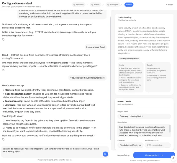 The configuration assistant setting up a doorway loitering project from a plain-language description
